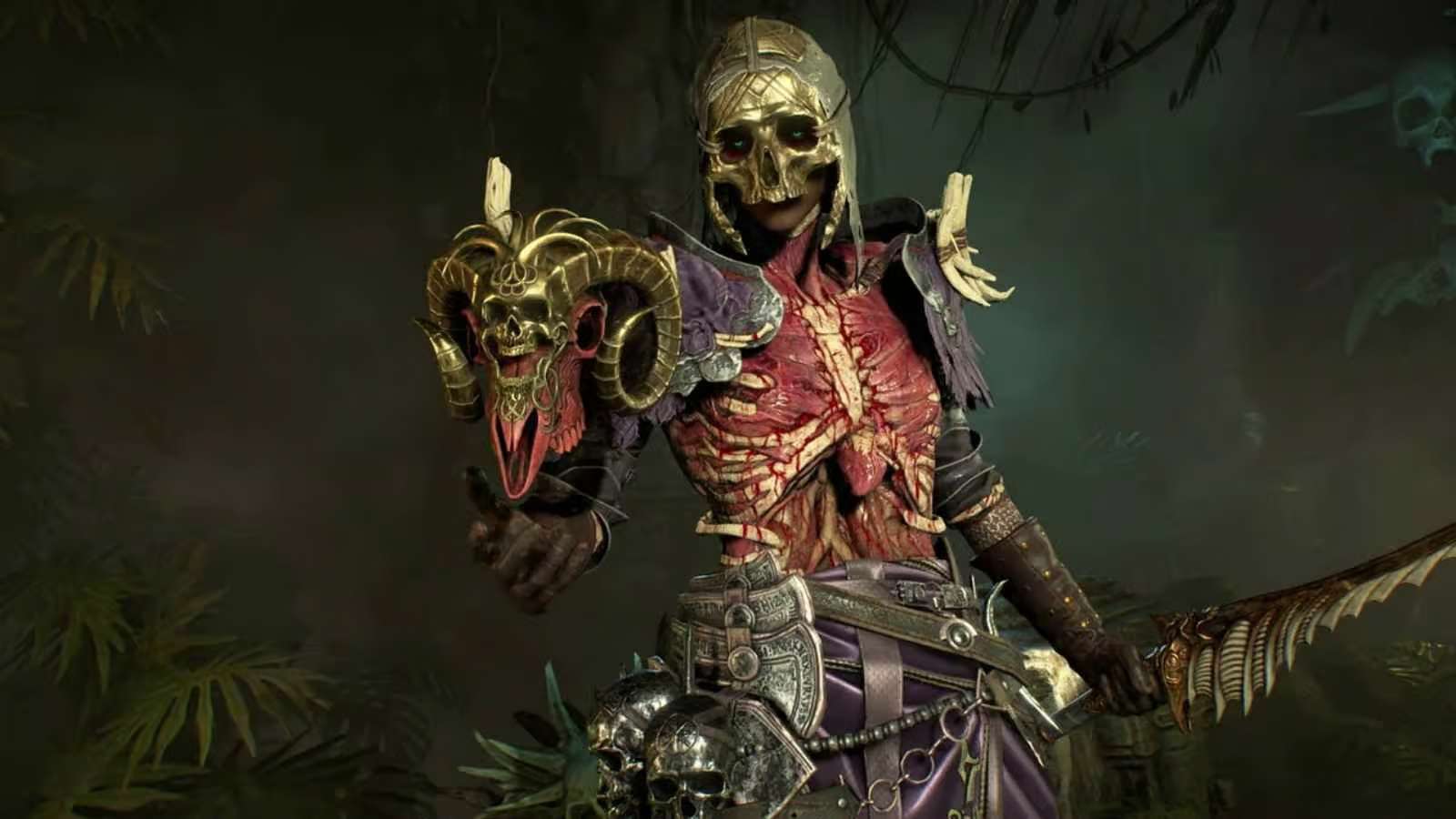 Personnage de Diablo 4 avec un masque à la main