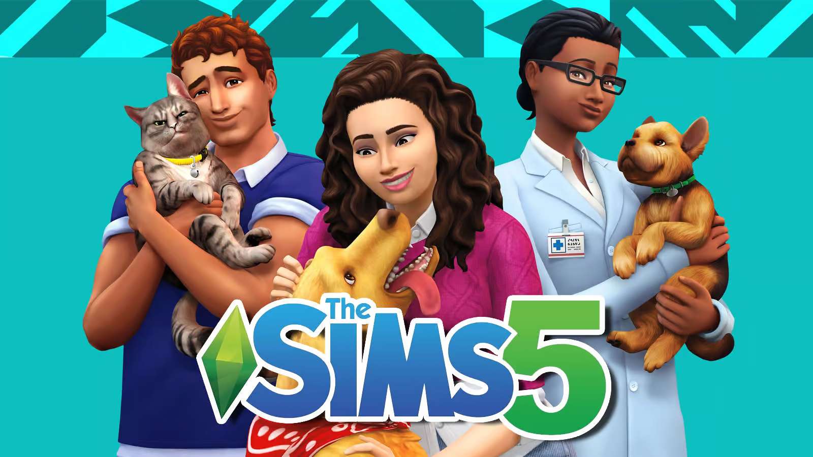 Logo des Sims 5 sur un fond avec des personnages des Sims 4